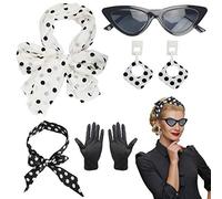 LOPOTIN 5 pezzi Accessori per costumi anni '50 Occhiali da sole rotondi Accessori per costumi stile vintage Cerchietti anni '50 Orecchini a pois Sciarpa bianca per festa di compleanno e laurea.