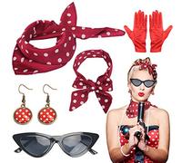 LOPOTIN 5pcs Accessori per costumi anni '50 Occhiali da sole rotondi Accessori per costumi stile vintage Fascia per capelli anni '50 Orecchini a pois Sciarpa festa compleanno carnevale e laurea
