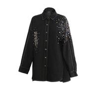LoprNsdgt Giacca Di Jeans Aperta Da Donna Autunnale Casual Multicolore Con Strass, Maniche Lunghe E Bottoni in Metallo,Black fancy diamonds,S