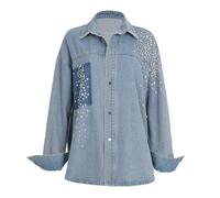 LoprNsdgt Giacca Di Jeans Aperta Da Donna Autunnale Casual Multicolore Con Strass, Maniche Lunghe E Bottoni in Metallo,Blue silver diamonds,L