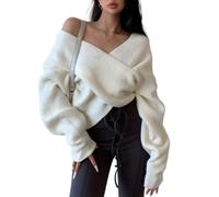 LoprNsdgt Maglietta Corta Da Donna A Coste Con Scollo A V Incrociato Maglione Largo E Sexy Con Spalle Scoperte,Beige,One Size