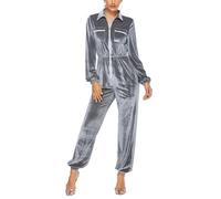 LoprNsdgt Tuta in Velluto Con Zip E Colletto Per Donna, Maniche Lunghe, Elastico in Vita, Tuta Autunno-Inverno,Grigio,L