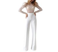 LoprNsdgt Tuta Intera Da Donna A Maniche Lunghe Trasparente in Mesh Scollo Rotondo Senza Schienale E Pantaloni Lunghi Dritti,Bianca,S