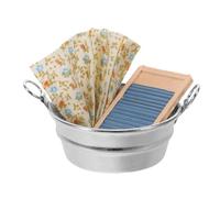 LOPUNER Set di 3 accessori per la lavanderia della casa delle bambole: set in miniatura di asse e tinozza in legno - Lavatoio in scala 1:12 con decorazione per asciugamani, accessori per la lavanderia