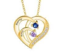 lorajewel Collana da Donna Personalizzata con Nome Pietra di nascita Collana per la Mamma Ciondolo a Cuore in Argento 925 Regalo per Festa della mamma Compleanno Natale (Oro-2 Nome)