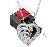 lorajewel Rosa Eterna con Collana Argento 925 - Cuore Collana Personalizzata per Donna con Nome Pietra portafortuna - Regalo per Natale, San Valentino, Festa della Mamma,Compleanno (Argento-4 nome)