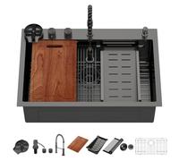 Lordear 33 Drop In Lavello da Cucina con Rubinetto 83,8 x 55,9 cm | Nero Cascata Lavelli Da Cucina Topmount In Acciaio Inox 16 Calibro Singolo Bowl Workstation Lavello Da Cucina Con Rubinetto