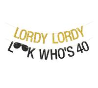 Lordy Lordy Look Who's 40 Banner - Festone da donna per il 40° compleanno, divertente decorazione per feste per quaranta anni, glitter oro nero