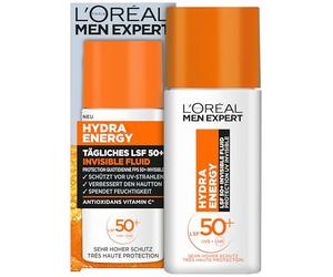 L'Oréal Men Expert Protezione solare UV SPF 50 per uomo, fluido invisibile per il viso contro i raggi solari, crema solare da uomo SPF 50+ contro l'invecchiamento della pelle con vitamina C, Hydra