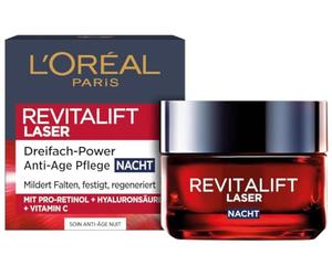 L'Oréal Paris Crema da notte anti-età con tripla potenza per le donne: ammorbidisce le rughe e tonifica la pelle, con pro-retinolo, acido ialuronico e vitamina C, laser RevitaLift, 1 x 50 ml
