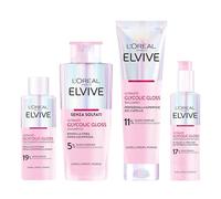 L'Oréal Paris Elvive Glycolic Gloss Kit 4 Prodotti per Capelli Spenti, Porosi e Opachi, con Acido Glicolico. Shampoo Senza Solfati, Balsamo, Trattamento Laminazione e Siero Senza Risciacquo