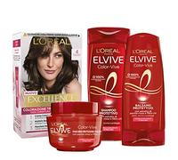 L'Oréal Paris Kit Cura & Colore Capelli Castano, Box con Tinta Capelli Excellence Castano 4, Shampoo, Balsamo e Maschera Color Vive per il Mantenimento del Colore nel Tempo, Castano, Confezione da 4