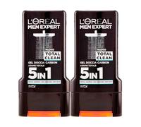 L'Oréal Paris Men Expert Total Clean Gel Doccia Uomo 5in1 Carbon Azione Totale Istantanea Idratante per Corpo Viso Capelli Rasatura Formula Detergente con Carbone Vegetale - 2 Flaconi da 300ml