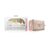 Set regalo L'Oréal Paris Mascara Nero Big Deal, Lucidalabbra Plump Ambition 101 Crystal Clear, Mini Lumi Glotion 903 Medium Glow, e un'elegante Beauty champagne in velluto