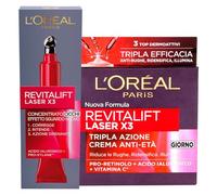L'Oréal Paris Revitalift Crema Giorno Laser X3 Anti-Età Tripla Azione Rassodante e Illuminante con Pro-Retinolo e Vitamina C + Contorno Occhi Concentrato Drenante - 2 Trattamenti con Acido Ialuronico