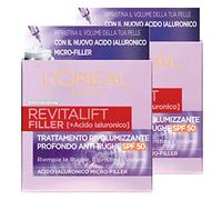 L'Oréal Paris Revitalift Filler Crema Giorno Trattamento Rivolumizzante Profondo Antirughe Protezione SPF50 con Acido Ialuronico Micro-Filler - 2 Barattoli da 50ml