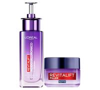 L'Oréal Paris Revitalift Siero Viso Antirughe Rimpolpante con Acido Ialuronico e PDRN 30ml + Crema Viso Trattamento Anti-Rughe Rivolumizzante Notte 50ml per Pelli Mature - Set da 2