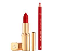 L'Oréal Paris Set Rossetto Color Riche Satin 40Y 300 Le Rouge Paris Colore Intenso Labbra Morbide e Nutrite Finish Satinato + Matita Labbra Color Riche Tratto Morbido Lunga Tenuta - Set da 2