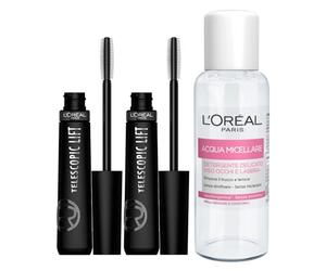 L'Oréal Paris Telescopic Lift Mascara Formula Extra Black Volumizzante Allungante Lunga Tenuta 36h per uno Sguardo Intenso 2 Mascara + Acqua Micellare Detergente Delicato Formato da Viaggio 30ml