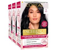 L'Oréal Paris Tinta Permanente Excellence Creme 1 Nero Colorazione Triplo Trattamento Copre 100% dei Capelli Bianchi Lunga Durata con Acido Ialuronico - 3 Tinte