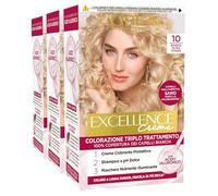 L'Oréal Paris Tinta Permanente Excellence Creme 10 Biondo Ultra Chiaro Colorazione Triplo Trattamento Copre 100% dei Capelli Bianchi Lunga Durata con Acido Ialuronico - 3 Tinte