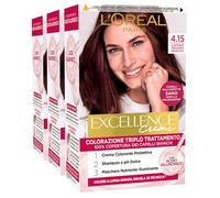 L'Oréal Paris Tinta Permanente Excellence Creme 4.15 Castano Mogano Ghiaccio Colorazione Triplo Trattamento Copre 100% dei Capelli Bianchi Lunga Durata con Acido Ialuronico - 3 Tinte