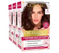 L'Oréal Paris Tinta Permanente Excellence Creme 4 Castano Colorazione Triplo Trattamento Copre 100% dei Capelli Bianchi Lunga Durata con Acido Ialuronico - 3 Tinte