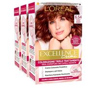 L'Oréal Paris Tinta Permanente Excellence Creme 6.54 Biondo Scuro Mogano Ramato Colorazione Triplo Trattamento Copre 100% dei Capelli Bianchi Lunga Durata con Acido Ialuronico - 3 Tinte
