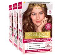 L'Oréal Paris Tinta Permanente Excellence Creme 6 Biondo Scuro Colorazione Triplo Trattamento Copre 100% dei Capelli Bianchi Lunga Durata con Acido Ialuronico - 3 Tinte