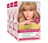 L'Oréal Paris Tinta Permanente Excellence Creme 8.1 Biondo Chiaro Cenere Colorazione Triplo Trattamento Copre 100% dei Capelli Bianchi Lunga Durata con Acido Ialuronico - 3 Tinte
