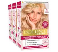 L'Oréal Paris Tinta Permanente Excellence Creme 9 Biondo Chiarissimo Colorazione Triplo Trattamento Copre 100% dei Capelli Bianchi Lunga Durata con Acido Ialuronico - 3 Tinte