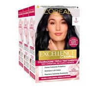 L'Oréal Paris Tinta Permanente Excellence Creme Colore 1 Nero Colorazione Triplo Trattamento Copre 100% dei Capelli Bianchi Lunga Durata con Acido Ialuronico - 3 Tinte