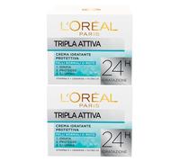 L'Oréal Paris Tripla Attiva Crema Idratante Viso Protettiva per Pelli Normali o Miste Formula 24H Illuminante con Vitamina E Ceramide Filtro UV Contro Stress e Inquinamento - 2 Barattoli da 50ml