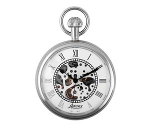 Lorenz Squelette 030277AA - Orologio da taschino meccanico a carica manuale - Quadrante con movimento a vista e numeri arabi - Inclusa nella confezione stand per appoggio e catena in acciaio