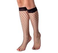 LORES Calze a rete da donna, altezza al ginocchio, modello a rombi, Nana Nero, Taglia unica