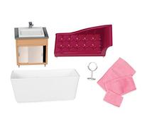Lori Set da Bagno per casa delle Bambole, mobili per Mini Bambole | 7 pezzi con vasca, toeletta, specchio, poltrona relax e asciugamani; per mini bambole e case delle bambole; 3+ anni