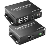 LornCeng HDMI KVM USB Extender su Ethernet Cat6 - 120 M/394 piedi, 4 porte USB 2.0, 4K a 30 Hz, pass-through 3D ed EDID, ingresso/uscita audio indipendente, RS232, telecomando IR - Plug & Play,