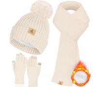 LOROME Donne Inverno Beanie Cappello Sciarpa Guanti Set, Pile Lavorato A Maglia Pompom Cappello Caldo Collo Sciarpa Touch Screen Guanti Regalo Invernale, Beige, 12.2*8.27 inch