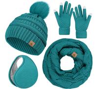 LOROME Set invernale con cappello, sciarpa, guanti e paraorecchie, da donna, Blu-verde., 5 1/8-7 7/8