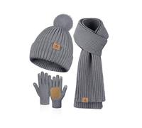 LOROME Set invernale da donna, berretto e sciarpa, guanti, in pile lavorato a maglia, con pompon e sciarpa calda, guanti touchscreen, regalo invernale, Grigio, 12.2 * 8.27 inch