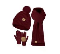 LOROME Set invernale da donna, berretto e sciarpa, guanti, in pile lavorato a maglia, con pompon e sciarpa calda, guanti touchscreen, regalo invernale