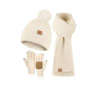 LOROME Set invernale da donna, berretto e sciarpa, guanti, in pile lavorato a maglia, con pompon e sciarpa calda, guanti touchscreen, regalo invernale