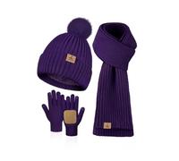 LOROME Set invernale da donna, berretto e sciarpa, guanti, in pile lavorato a maglia, con pompon e sciarpa calda, guanti touchscreen, regalo invernale