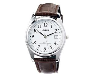Lorus Orologio classico da uomo con supporto palladio e cinturino in pelle RS965BX9, marrone/bianco, cinghia