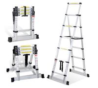 Lospitch Scala telescopica pieghevole, 1,7 + 2 m, in alluminio, antiscivolo, multiuso, allungabile, telaio A 5 + 6 pioli, portata 150 kg