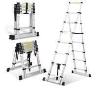 Lospitch - Scala telescopica pieghevole, 2 + 2,3 m, in alluminio, antiscivolo, multiuso, allungabile, telaio ad A, 6+7 pioli, portata 150 kg
