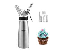 Lospitch Sifone Panna in Acciaio Inossidabile 500ml, con 3 Ugelli per Decorazione in Acciaio Inox, Professionale sifone da Cucina per Decorazione Pasticceria Panna Gelato e Altro(N20 Non Incluso)