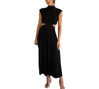 LOSSLO Cutout, abito da cocktail da donna, lungo, elegante, per matrimonio, tinta unita, maxi abito estivo da donna, senza maniche, a collo alto, pieghevole, per feste, Nero , M