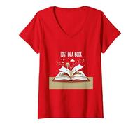 Lost in a Book: Magica Opera d'Arte di Lettura e Avventura Maglietta con Collo a V, Donna, Rosso, L