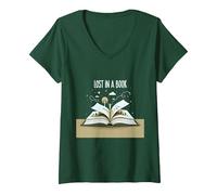 Lost in a Book: Magica Opera d'Arte di Lettura e Avventura Maglietta con Collo a V, Donna, Verde Foresta, XL